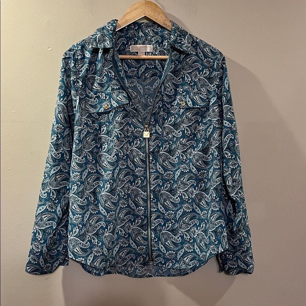 Michael Kors Teal Paisley Zip Blouse